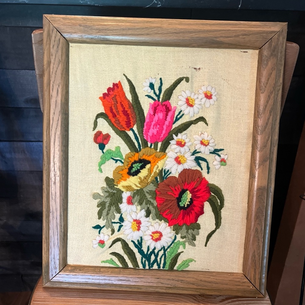 Vintage Floral Crewel Embroidered Wall Art in Wooden Frame